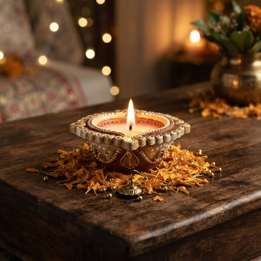 Festive diya candle glowing on a table